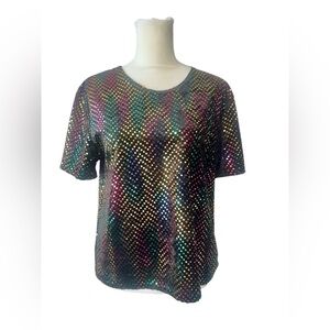 VTG Sequin shirt Rainbow All Over Velvet Shiny Med Colorful retro party glam